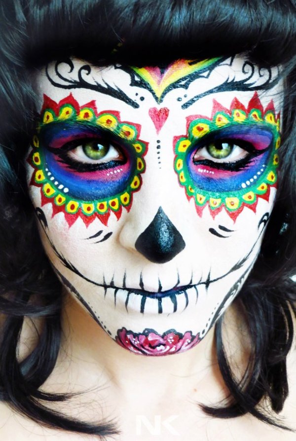 Rainbow Calavera sugar skull makeup for Mexican Day of the Dead
