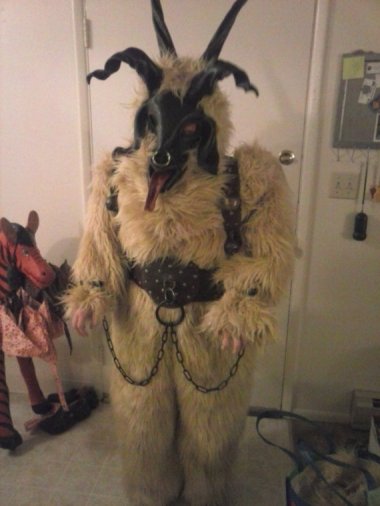 Completely terrifying (and itchy-looking) Krampus costume by RamonPiper. In case you didn't know, Krampus is the demon-like creature of German folklore who accompanied St. Nick and kidnapped naughty children. This explains a lot.