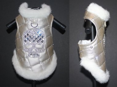 Satisfy your inner Kardashian. Silver blinged-out doggie coat by OrostaniCouture