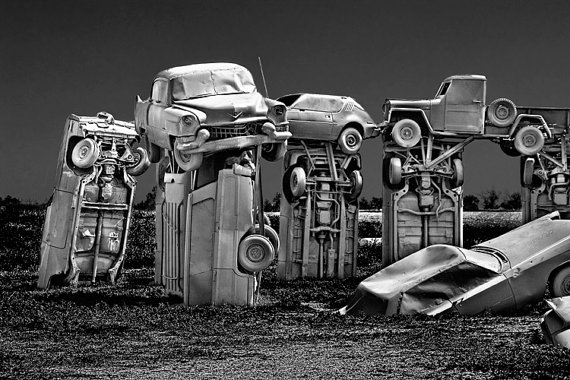 Category: landscape photographs. Inspiration: car parts, druids.Suggested title: No place to be in a tornado.