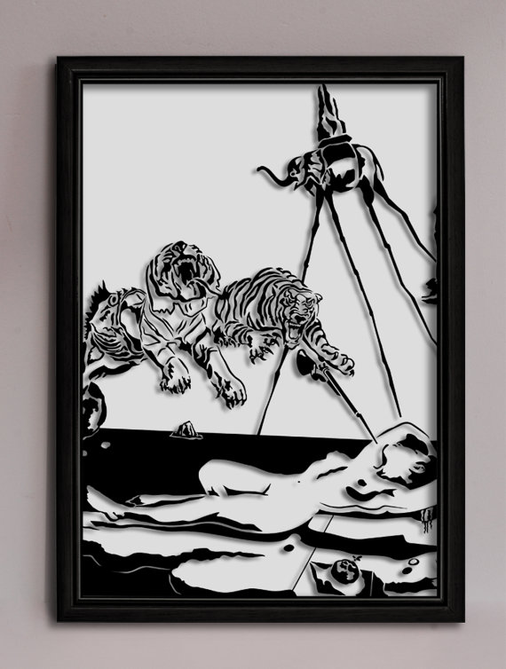 Category: paper cutting. Inspiration: Salvatore Dali, very sharp scissors.Suggested title: Gonna buy a Paper Dali I can call my own