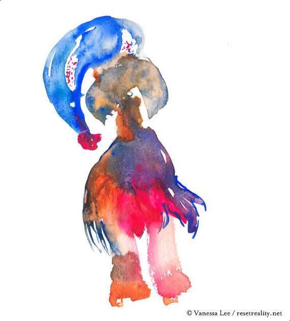 Category: surreal painting. Inspiration: rainy day, small child, paint.Suggested title: Santa in a hula skirt, Alexis, age 5