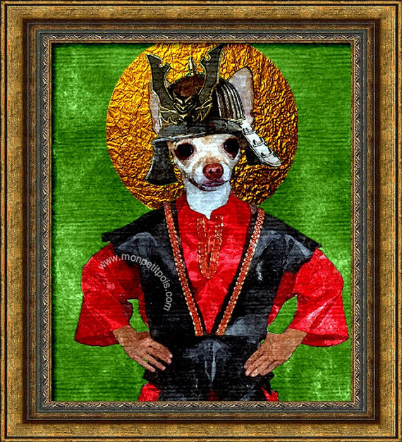 Category: custom pet portraits. Inspiration: I can't even imagine. Suggested title: Portrait of the Great Warrior, Mister Poopy Pants