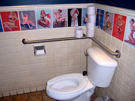 First up, the pinup bath. These tiles are handmade from the pinup art of Gil Elvgren, one of my illustration heroes! While they are typically used as coasters or magnets, you can easily re-purpose them to cover your walls.