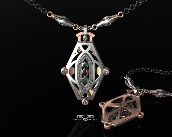 Haunted Whaley House Necklace in Palladium, Emeralds, Rubies, and Diamonds