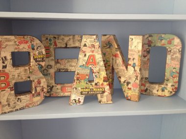 Here's a great example. I don't dislike the comics decoupaged on the letters, but BEANO? Why would anyone want that in their house? By CupAndSaucerUK who should really lay off the lactose