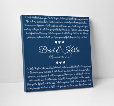 While it's too late to have this made for V-Day, it would make an amazing anniversary gift. Your vows painted on a canvas by TheStandardCanvas