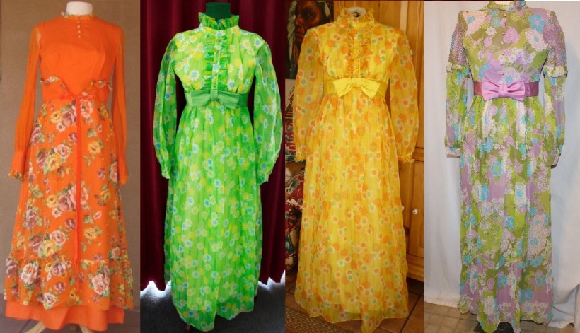 I was unable to narrow down the most hilarious vintage dress on Etsy, so I had to give you the worst four. From left to right, here are the links to the orange, the green, the yellow, and the lilac