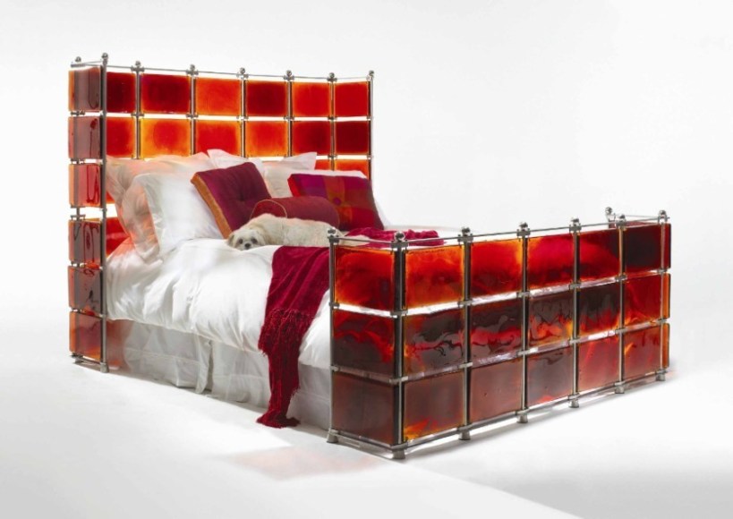 Stainless steel and stained glass bed, which comes in many colors. Yes, please!
