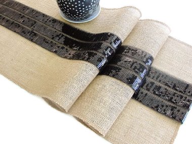 Here's a perfect example of sparkles used tastefully! I adore this burlap-and-sequin table runner by HotCocoaDesign