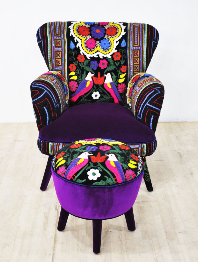 Suzani armchair & matching pouf - deep purple