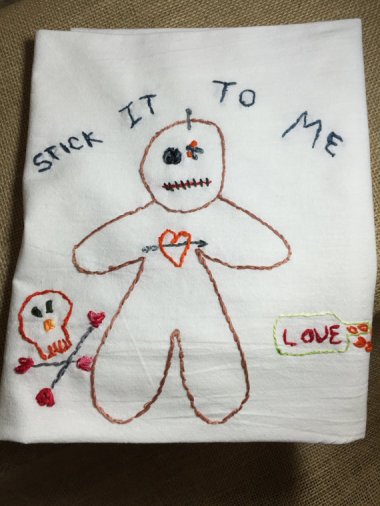 Inexplicably-embroidered kitchen towel. Because this definitely says "Thanks for the invite." By LulusLoft