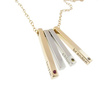 I have a pretty dim opinion of typical mom jewelry, but these engraved bars with colored diamonds are a big exception! By MetalPressions