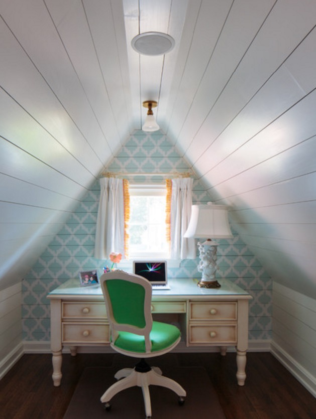 Adorable stenciled dormered office wall by Todd Richesin Interiors