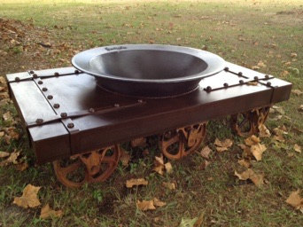 Moveable firepit on a vintage coal cart. So smart! By FireFlyBowls