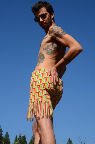 He's looking pretty confident for a guy in crocheted shorts.