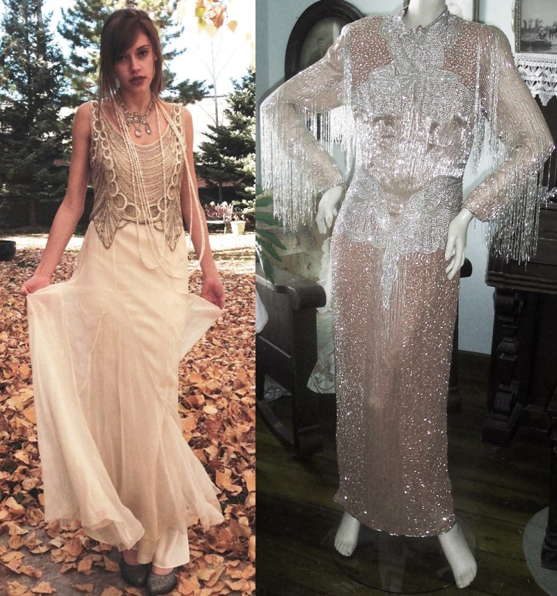 At a little over a thousand dollars, this original 1930s beaded silk gown sold by WhyNaughtShop is a strong contender for best costume! But the best thing you can say about the situation on the right is that wearing it is probably good exercise. Looks like it weighs a ton!