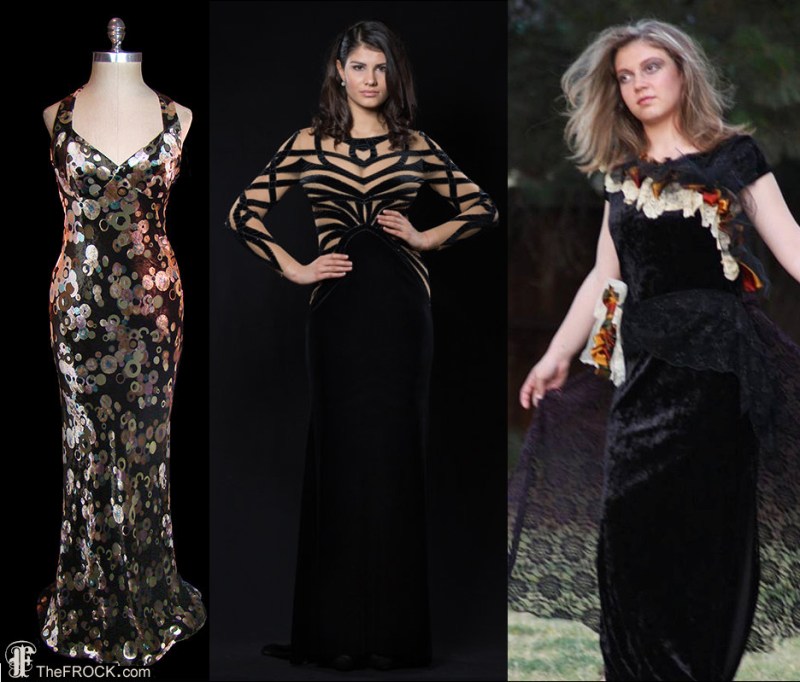This vintage velvet Emanuel Ungaro sold by TheFrockDotCom would make a big splash on the red carpet. So, I think, would this solid-and-sheer number by Tonena. The disaster on the right is called "upcycled romantic." Draw your own conclusions about the designer's romantic life.