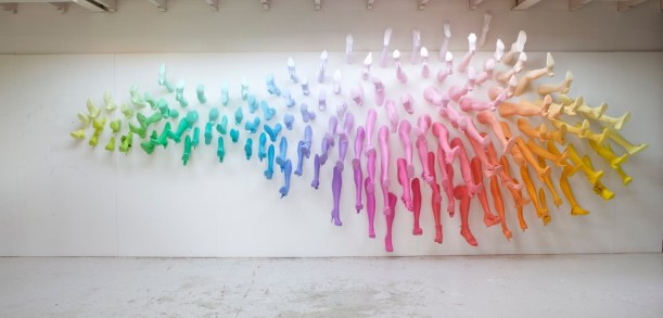 Netherlands-based artist John Breed installed this whimsical leg rainbow in conjunction with German shoe salon Breuninger last year. The piece involved 145 multicolored shoes and legs. More views here